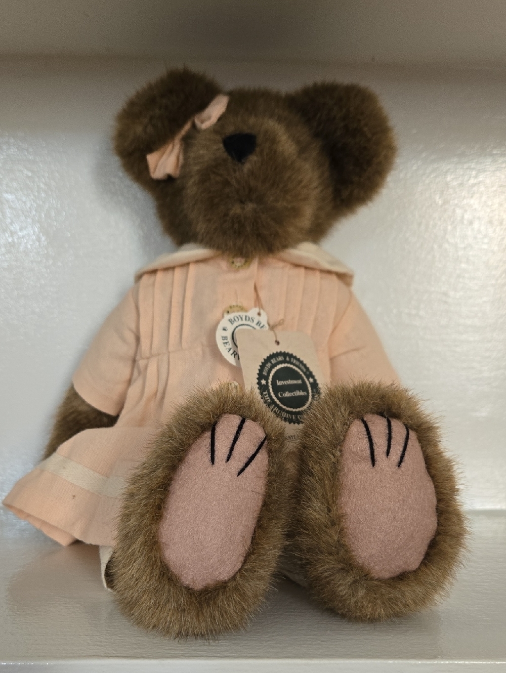 Boyds Bears "Mikayla Springbeary" Brown Fur Bear in Pale Pink Dress